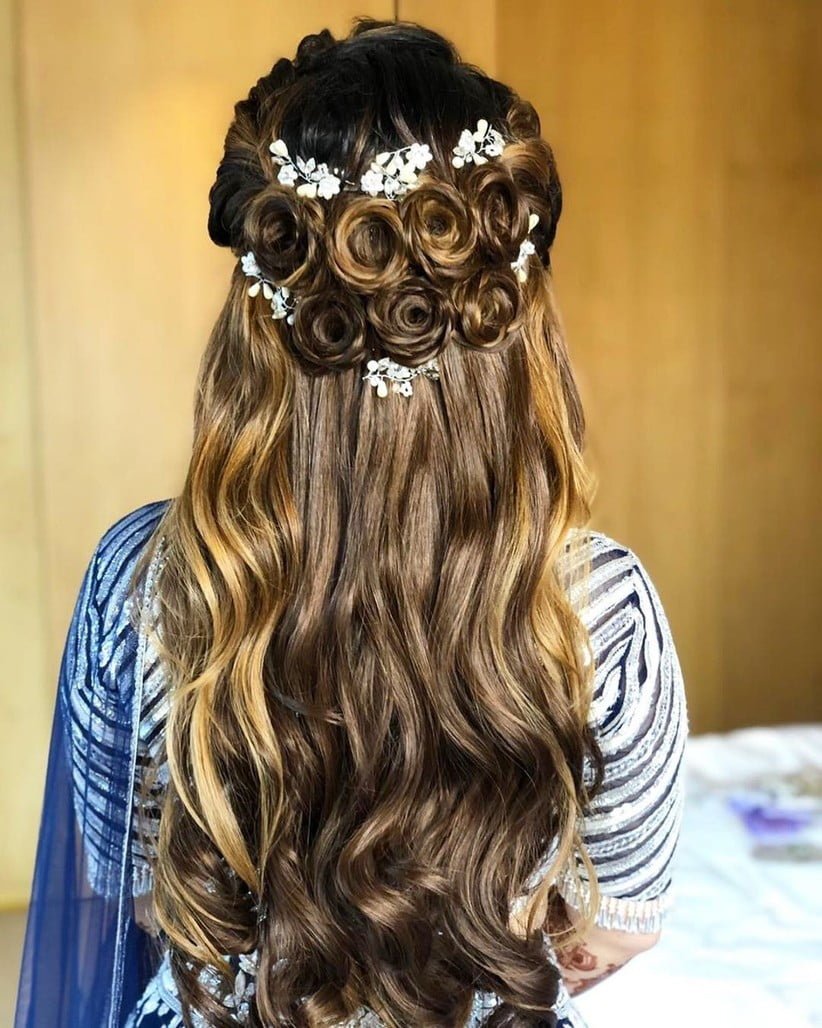 Beach Waves With Crown Puff Hairstyle for Saree