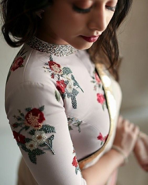 High Neck Blouse Design with Jewelry Work