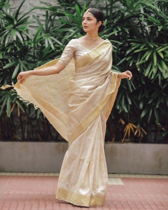 White Embroidered Blouse for Gold Silk Saree