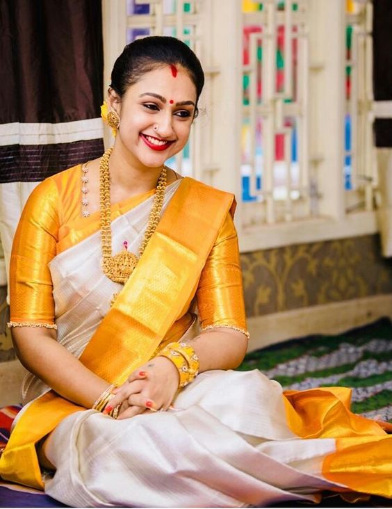 Yellow Blouse for White Silk Saree