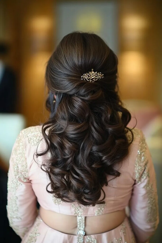 The Crystal-Adorned Twisted Half-Updo Puff Hairstyle For Saree