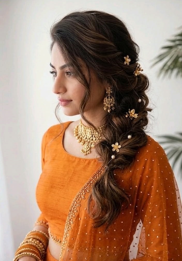 The Flora-Encrusted Mermaid Braid Puff Hairstyle For Saree