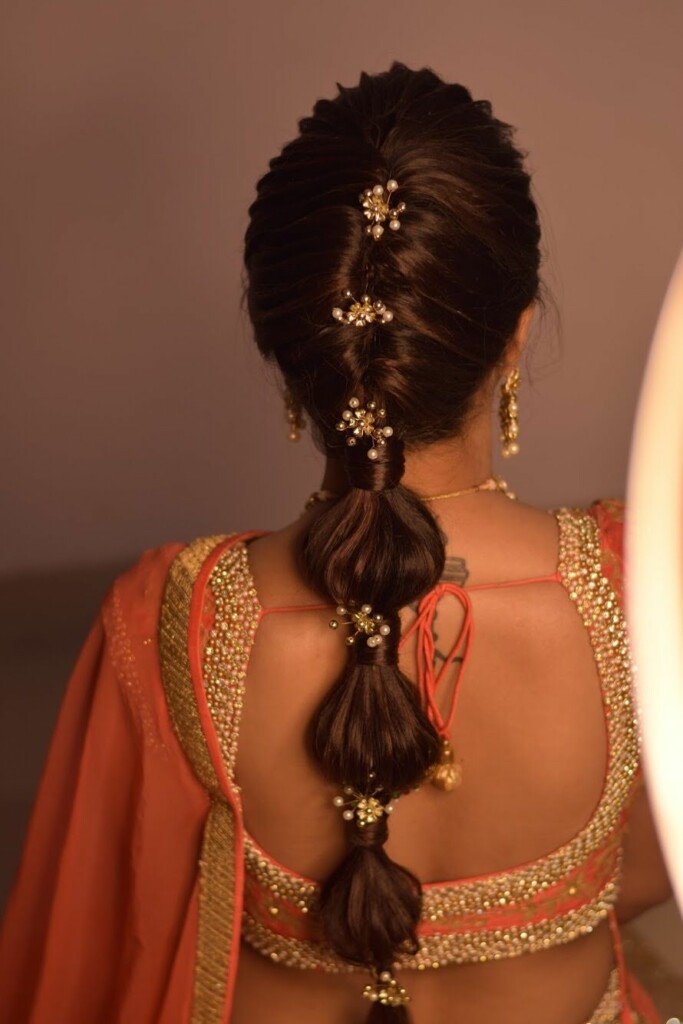 The Embellished French Bubble Braid Puff Hairstyle For Saree