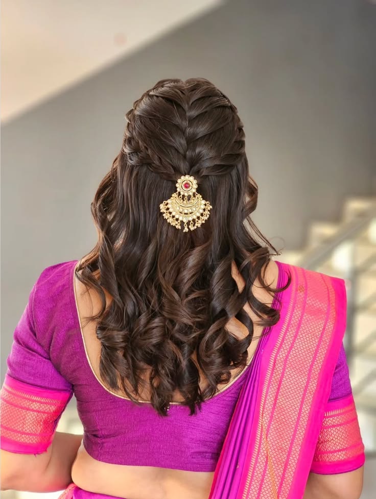 The French-Braided Half-Up Ringlets Puff Hairstyle For Saree