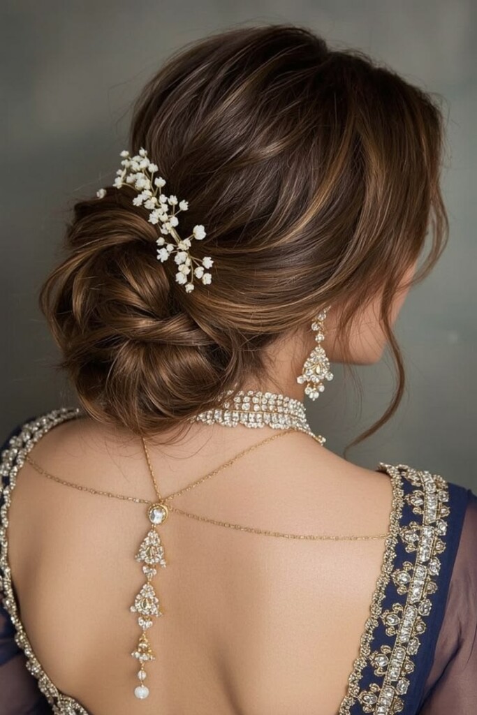 Low Twisted Bun With Puff hairstyle for saree