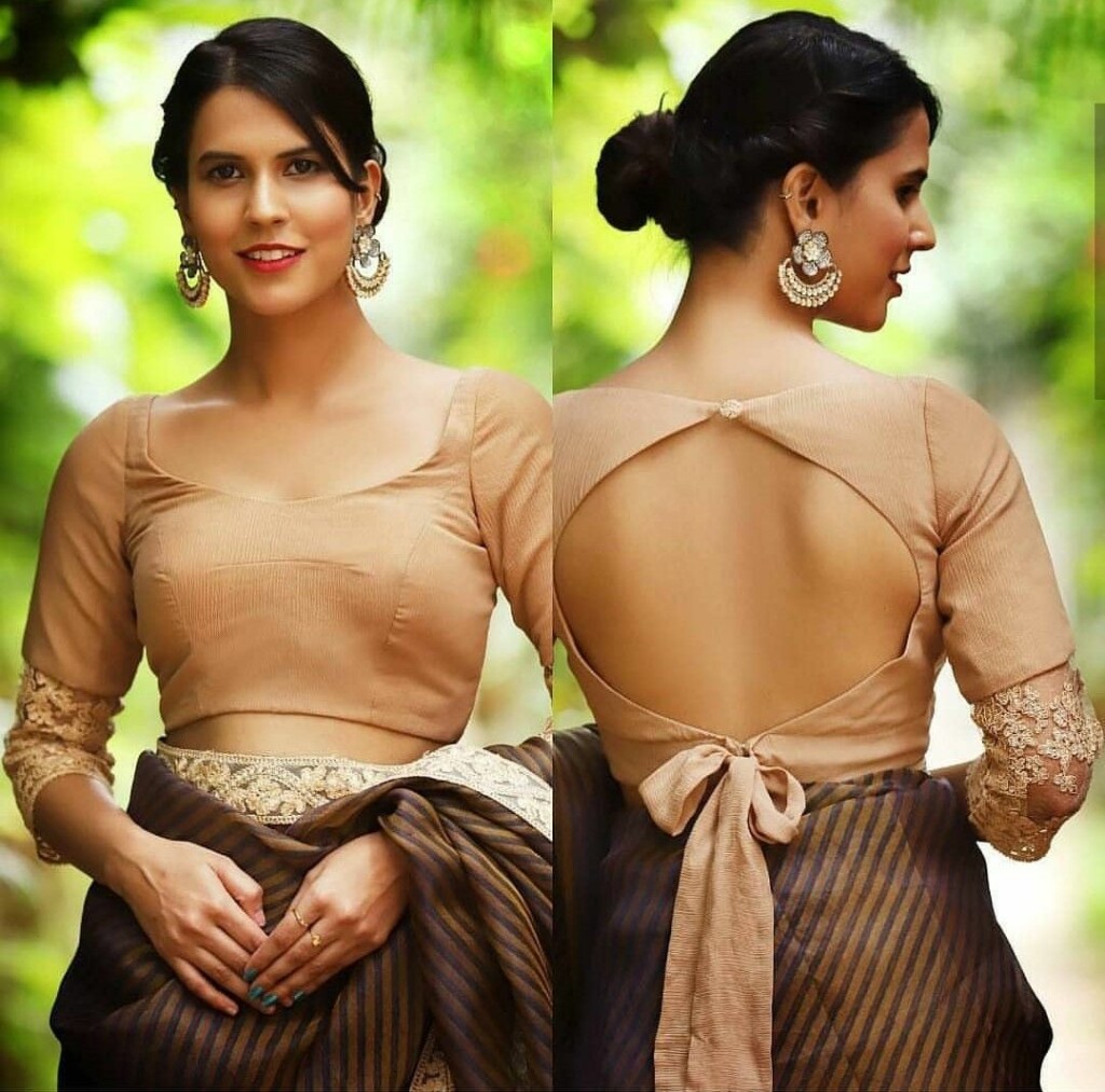 Scoop Neck Diamond Cut-Out Tie-Back Blouse