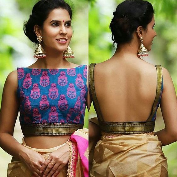 Classic Boat Neck with Deep Open Back Blouse Blouse Designs Front and Back
