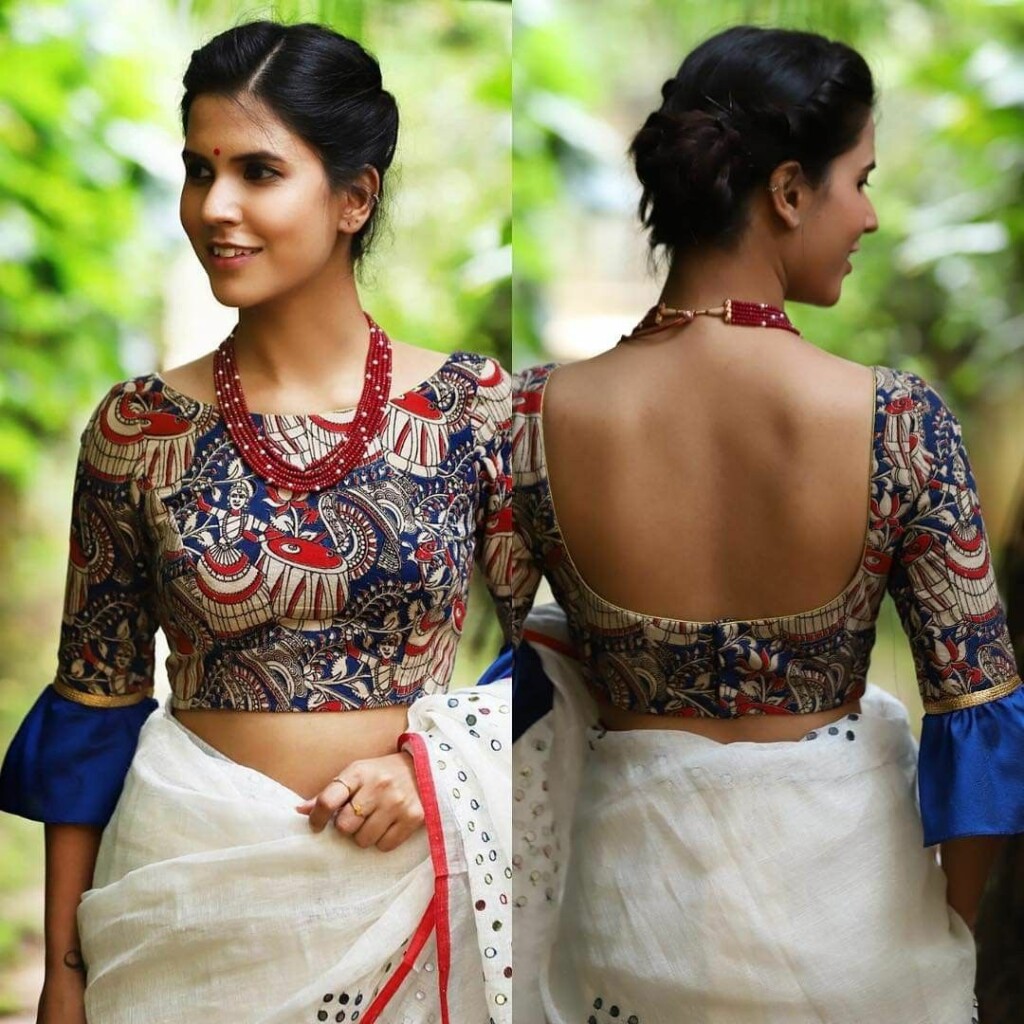 Round Neck Deep U-Back Printed Blouse