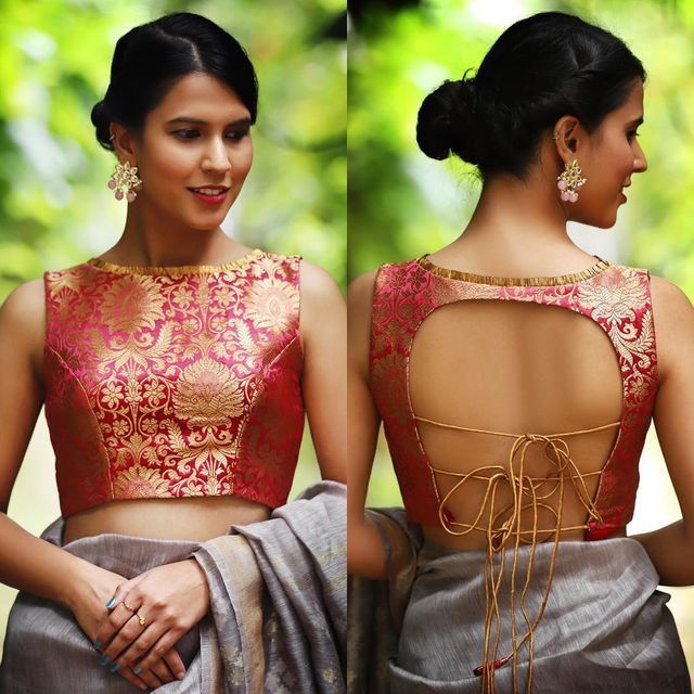 High Neck Oval Cut-Out Back Blouse