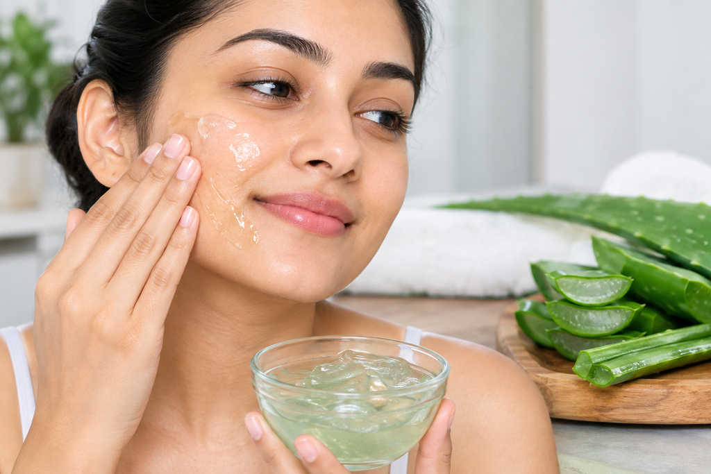 Create an image of size 600px*400px on Aloe Vera Gel on the face