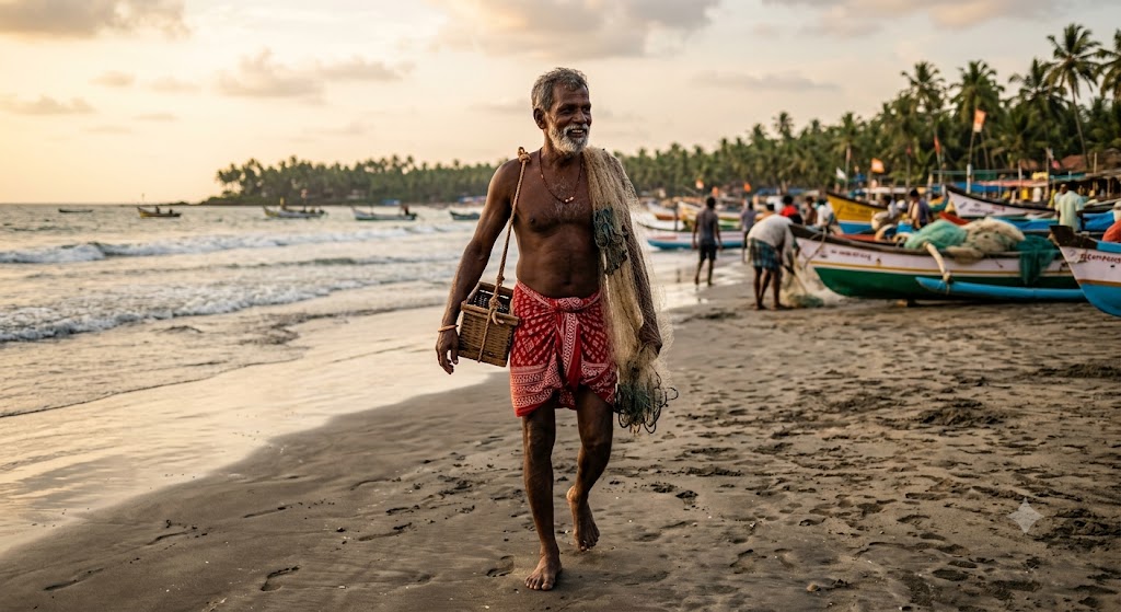 Goan man wearing a red and white Kashti dhoti