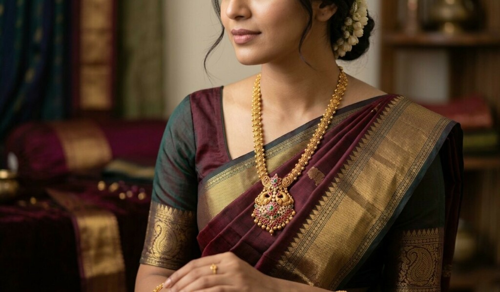 How to Wear a Mugappu Chain With a Saree