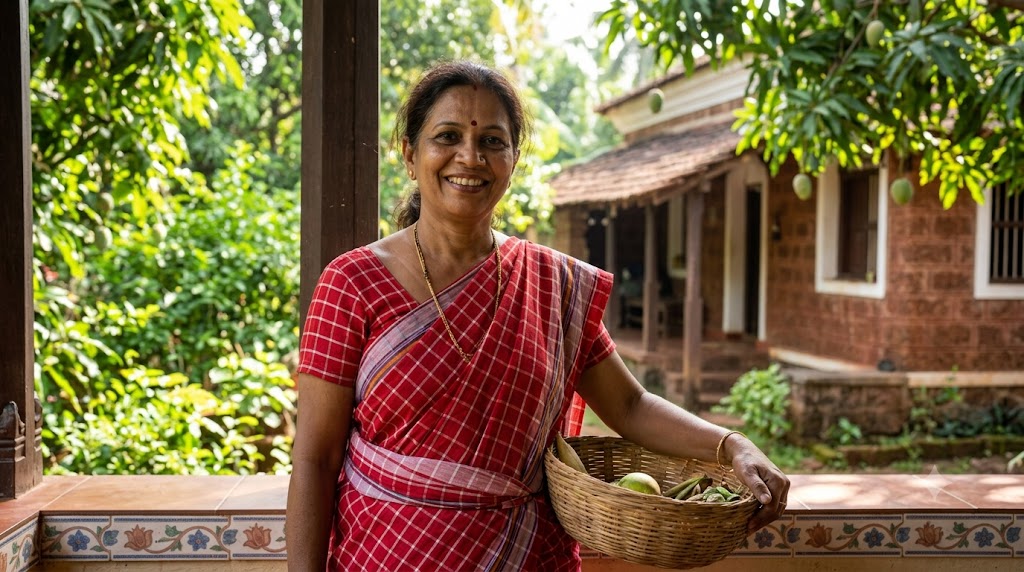 Woman wearing a red and white checked Kunbi saree